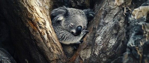 Poster - Sleeping koala nestled in tree trunk.