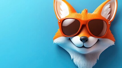 Poster - Happy fox wearing sunglasses against a blue background.
