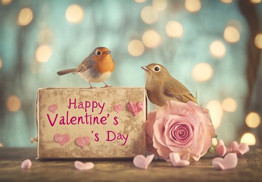 A Valentines Day gift box with Happy Valentine's day text and sparrows