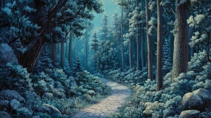 Aufkleber - Serene winter forest path winding through snow-covered trees and rocks.