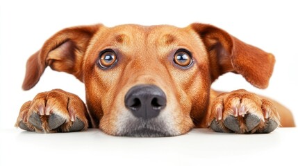 Poster - Cute brown dog with paws on a white surface, looking directly at the camera with big, expressive eyes.