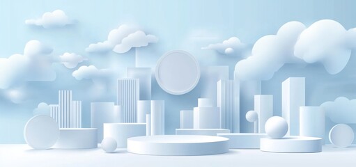 Poster - Pastel blue 3D city skyline with clouds and geometric platforms.