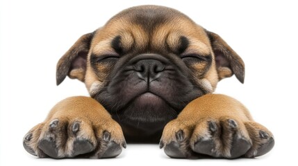 Aufkleber - Adorable brown puppy sleeping peacefully with paws forward, isolated on white background.