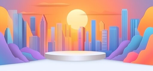 Poster - Pastel city skyline at sunset with a white platform.