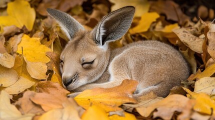 Poster - Adorable baby kangaroo sleeping peacefully amidst autumn leaves.
