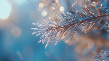 Poster - Close-up of a frost-covered pine branch at sunrise.
