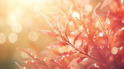 Aufkleber - Close-up of vibrant red leaves with water droplets, bathed in warm sunlight, bokeh background.
