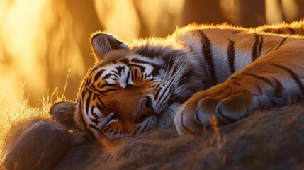 Poster - Majestic tiger resting peacefully in golden sunset light.
