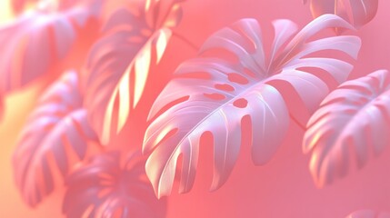 Aufkleber - Pastel pink and white monstera leaves.