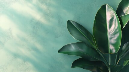 Aufkleber - Lush green leaves against a teal textured background with soft sunlight shadows.