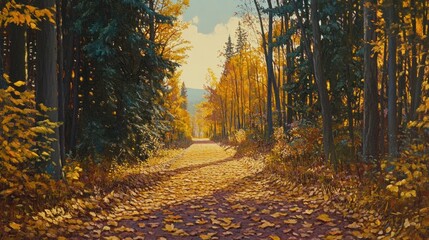 Poster - Scenic autumn path through vibrant forest with golden leaves.