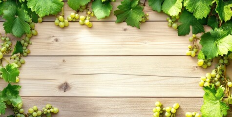Poster - Green grapes and vine leaves frame on light wooden surface.