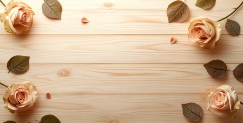Poster - Flat lay of peach roses and leaves on light wood.