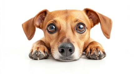 Poster - Adorable small brown dog with big eyes lying down on white background.