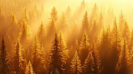 Aufkleber - Golden sunrise illuminating a dense coniferous forest, fog clinging to the trees.