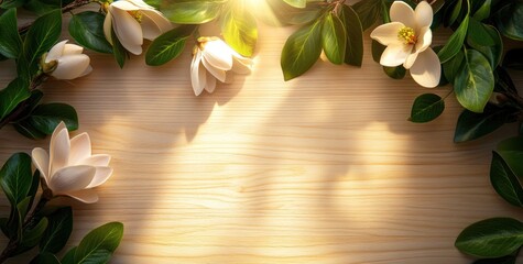 Leinwandbilder - Sunlit magnolia blossoms arranged on light wood background; copy space.
