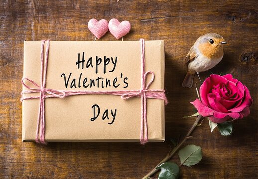 A Valentines Day gift box with Happy Valentine's day text and sparrows