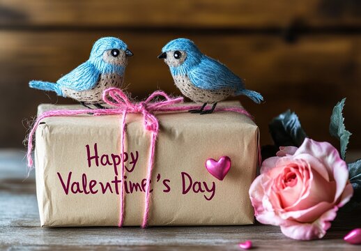 A Valentines Day gift box with Happy Valentine's day text and sparrows