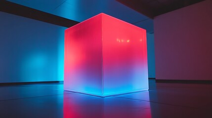 Fototapete - A cube illuminated by red and blue light, casting vibrant reflections and creating a striking contrast of colors on the surface