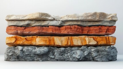Poster - A layered display of textured stone resembling geological formations, showcasing various colors and patterns.