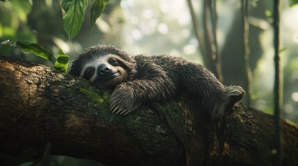 Aufkleber - Adorable baby sloth sleeping peacefully on a mossy tree branch in a lush rainforest.