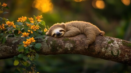 Aufkleber - Adorable baby sloth sleeping peacefully on a tree branch amidst vibrant yellow flowers at sunset.
