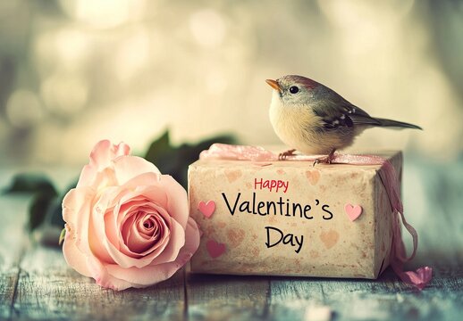 A Valentines Day gift box with Happy Valentine's day text and sparrows