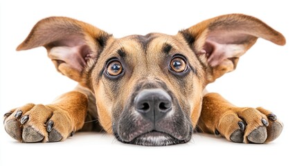 Poster - Adorable puppy with big ears lying down, looking at camera.