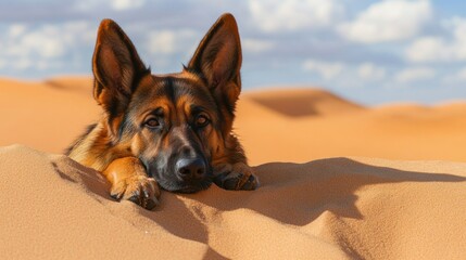 Poster - German Shepherd dog resting in sand dunes under a blue sky.