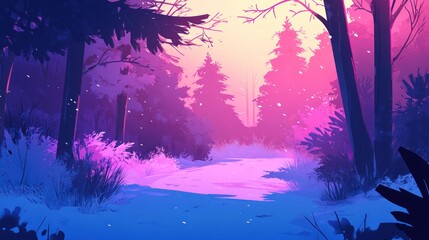 Aufkleber - Vibrant pink and blue winter forest path scene at sunrise.