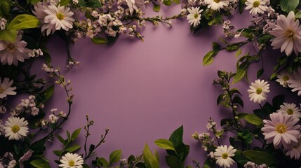 Aufkleber - Purple background adorned with a floral frame of white daisies, green leaves, and small blossoms.