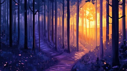 Aufkleber - Sunlit path through a mystical purple and blue forest at sunset.