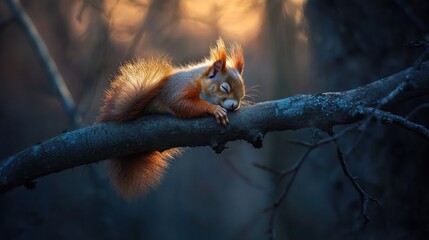 Poster - A red squirrel sleeps peacefully on a tree branch at sunset.