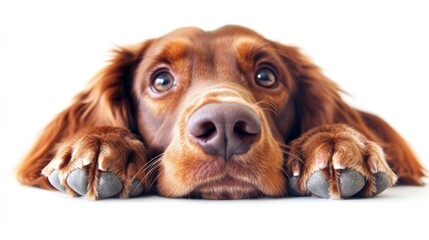 Poster - Close-up of a brown dog lying down with its paws on a white background, looking at the camera with big, expressive eyes.