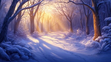 Aufkleber - Sun rays illuminate a snow-covered path through a winter forest.