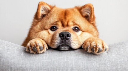 Poster - Adorable fluffy ginger Chow Chow dog resting its paws on a grey cushion, looking directly at the camera.