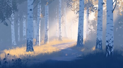 Poster - Sunlit path through misty birch forest.