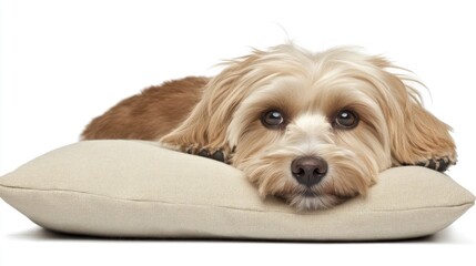 Poster - Adorable small fluffy dog resting on a beige pillow against a white background.