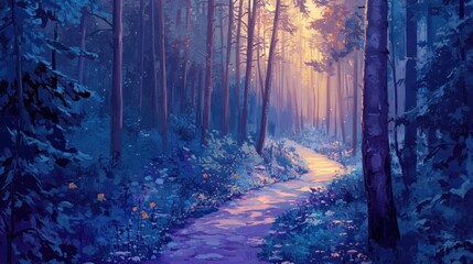 Aufkleber - Serene path through a mystical blue forest at sunrise.