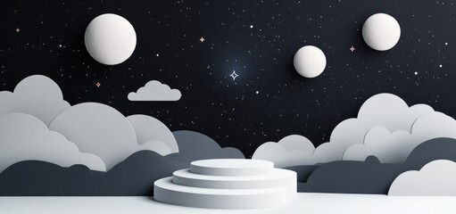 Poster - Dreamy night scene with moon, clouds, and a 3D podium.