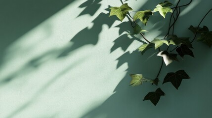 Poster - Sunlight casts shadows of ivy vine on a teal wall.