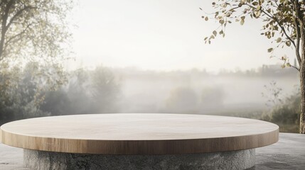 Poster - empty wooden round platform on stone base, misty autumn forest background.