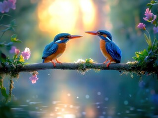 Poster - Two kingfishers face each other on a branch by a calm river at sunset.