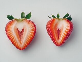 Poster - Two halved strawberries, showcasing their heart-shaped core, arranged against a light grey background.