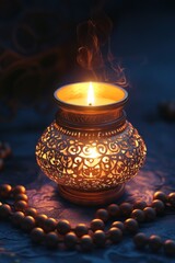 Poster - Ornate candleholder with burning candle and golden beads, dark background.