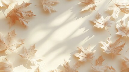 Poster - Beige autumn leaves frame with sunlight shadows on cream background.