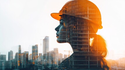 Poster - Double exposure of a female engineer with a cityscape and construction site.
