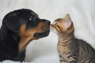 Poster - Rottweiler puppy and Bengal kitten nuzzling noses.