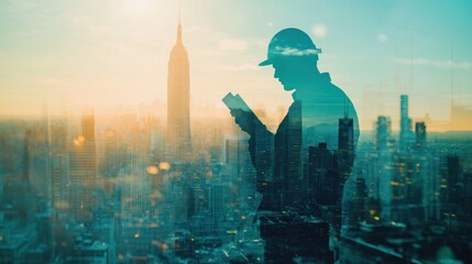 Poster - Silhouette of engineer reviewing blueprints against a city sunrise backdrop.