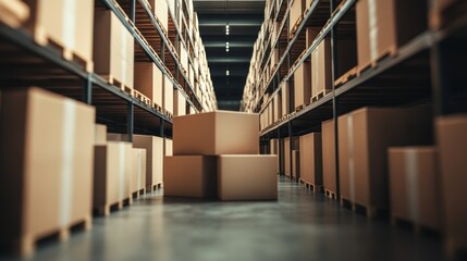 Poster - Cardboard boxes stacked in a large warehouse aisle with shelves full of packages.